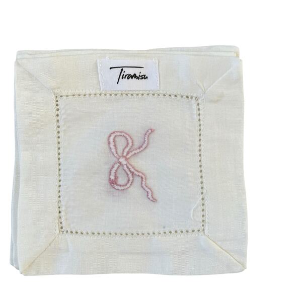 Tiramisu Hand Embroidered Bow Linen Coasters 6x6 Red & White Set of 4 New - Picture 10 of 12